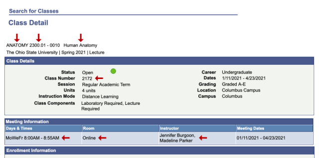 Class details including subject, course number, class number, days and times, room, and instructor