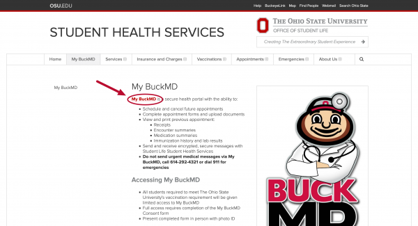 My BuckID text link on the My BuckMD page of the Student Health Services website
