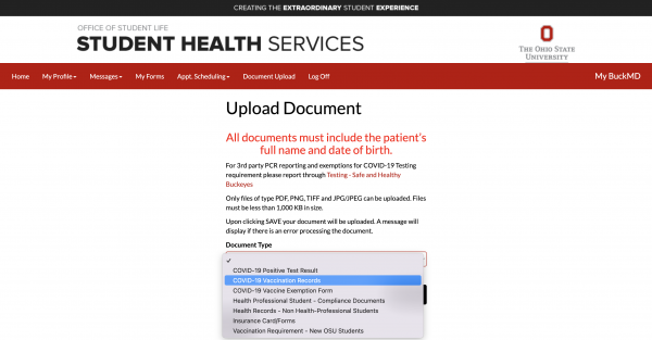 Document Type select box options on the Upload Document page on the Student Health Services website
